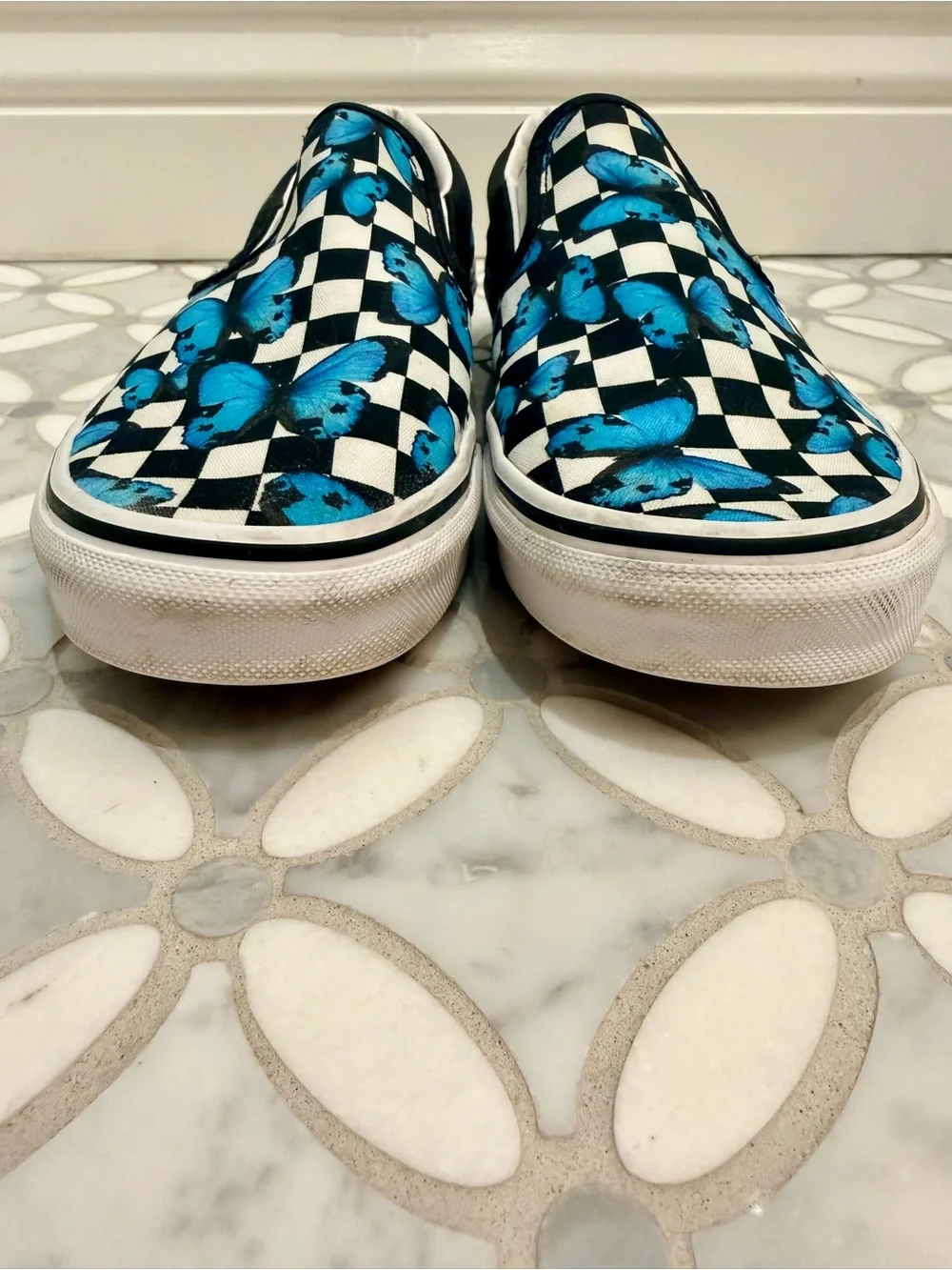 Sold Vans Classic Checkerboard Blue Butterfly Slip-On Sneakers 9 W / 7.5 M Skate - Picture 6 of 10
